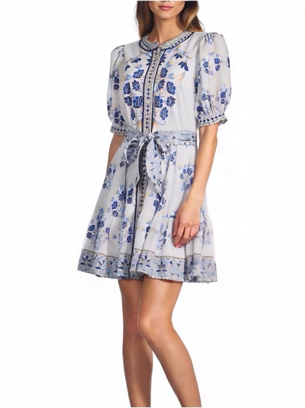 Blue Floral Puff-Sleeve Mini Dress with Tie Waist
